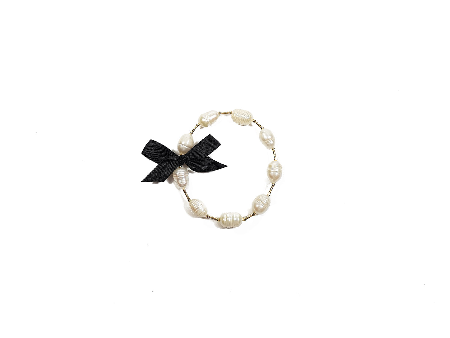 Pulsera De Perlas Y Oro Con Moño Negro