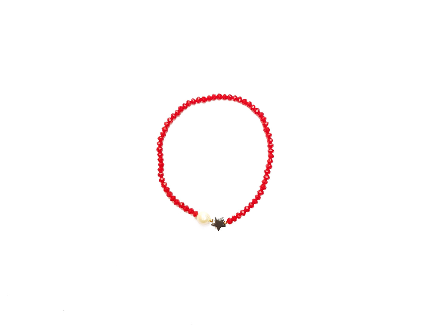 Pulsera De Cristal Rojo Con Perla Y Estrella