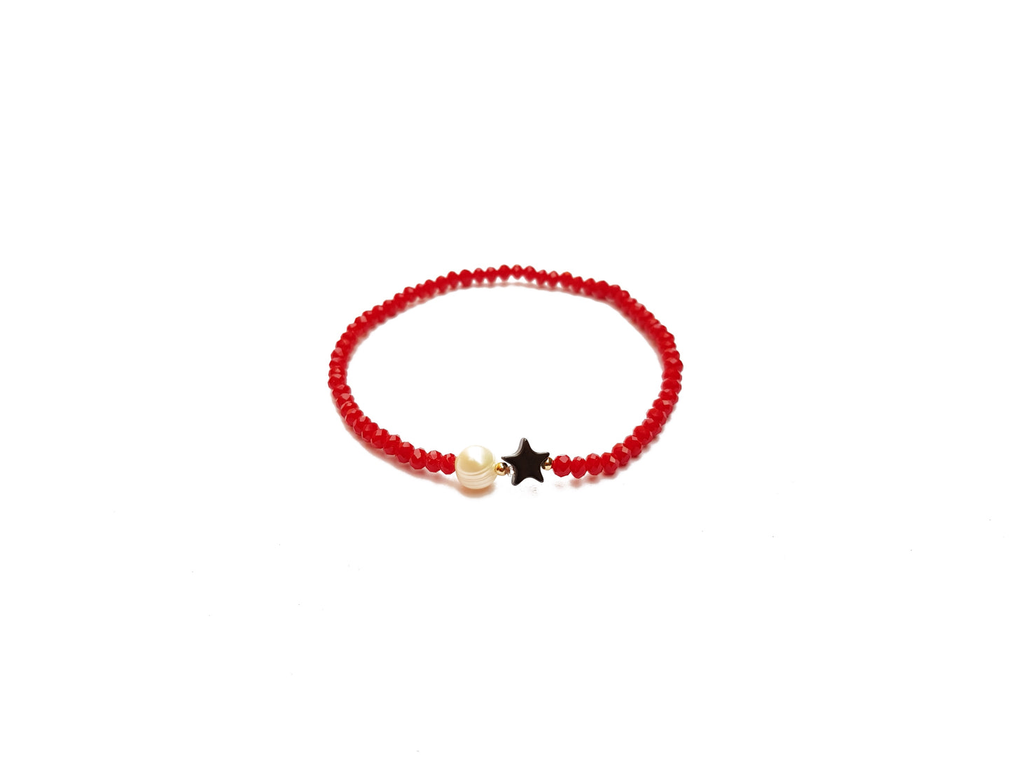 Pulsera De Cristal Rojo Con Perla Y Estrella
