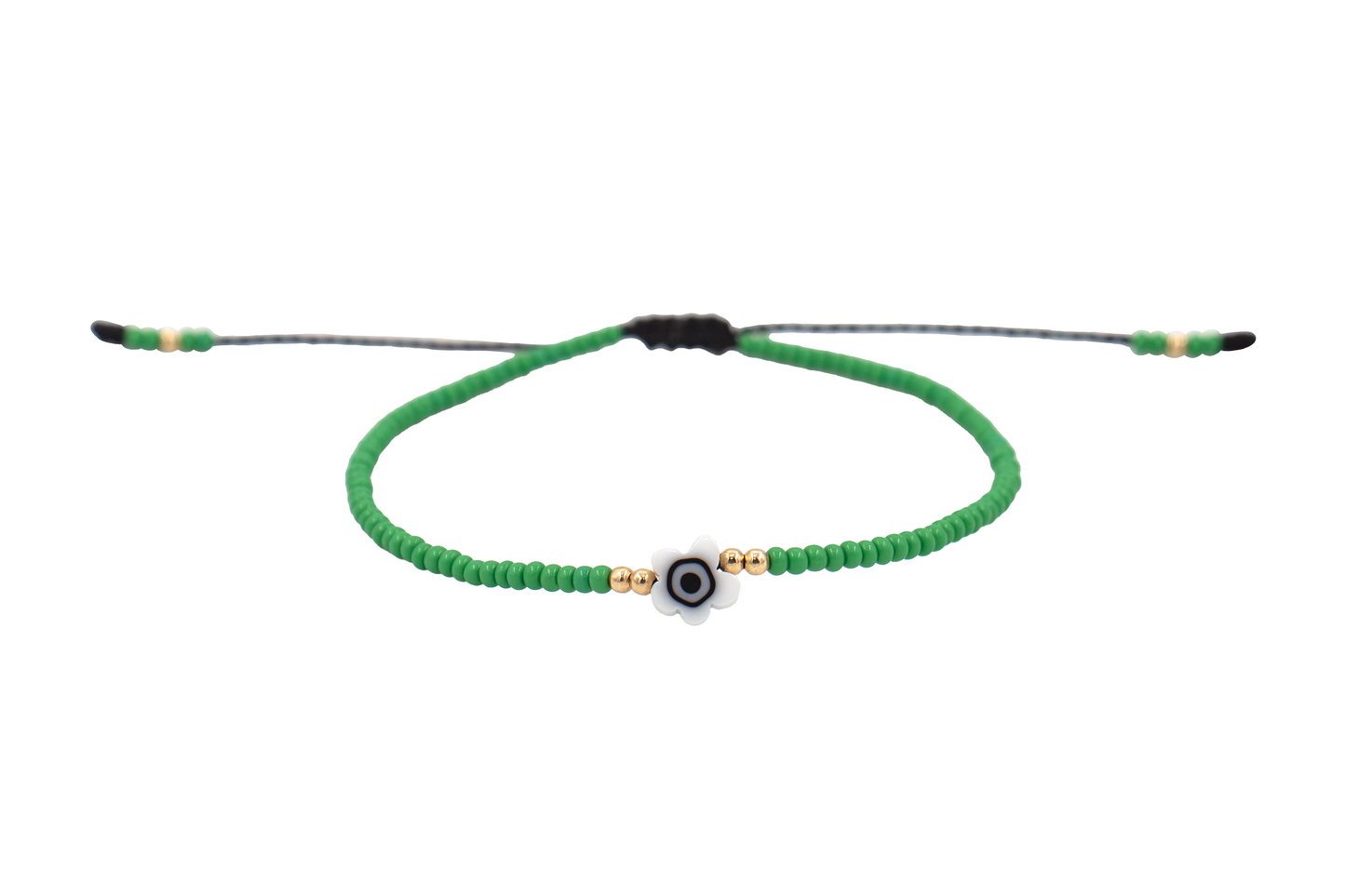 Pulsera Verde de Protección con Ojo Turco Flor Blanco