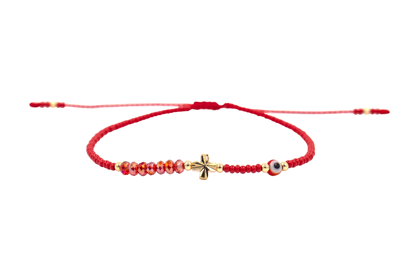 Pulsera Cabalística Roja con Cruz, Cristales y Ojo Turco