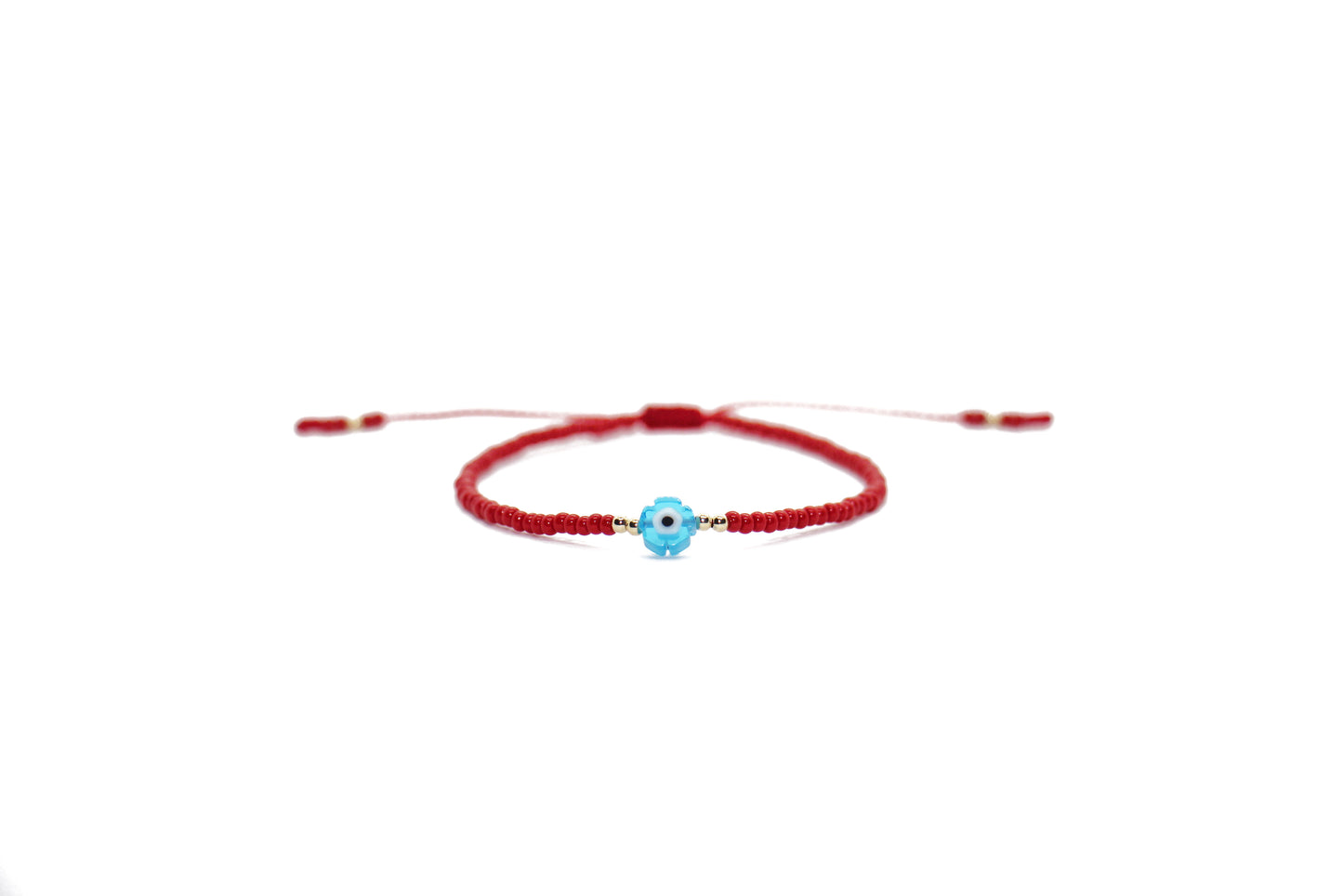 Pulsera roja con ojo turco flor azul claro