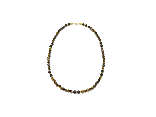 Collar Ojo De Tigre Con Piedra Volcánica, Hematita Y Oro