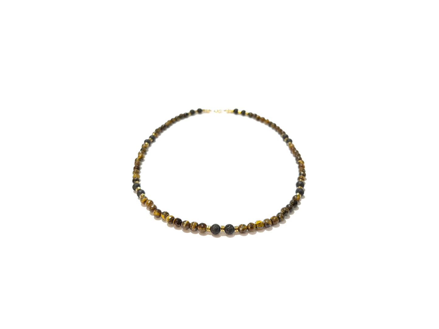 Collar Ojo De Tigre Con Piedra Volcánica, Hematita Y Oro