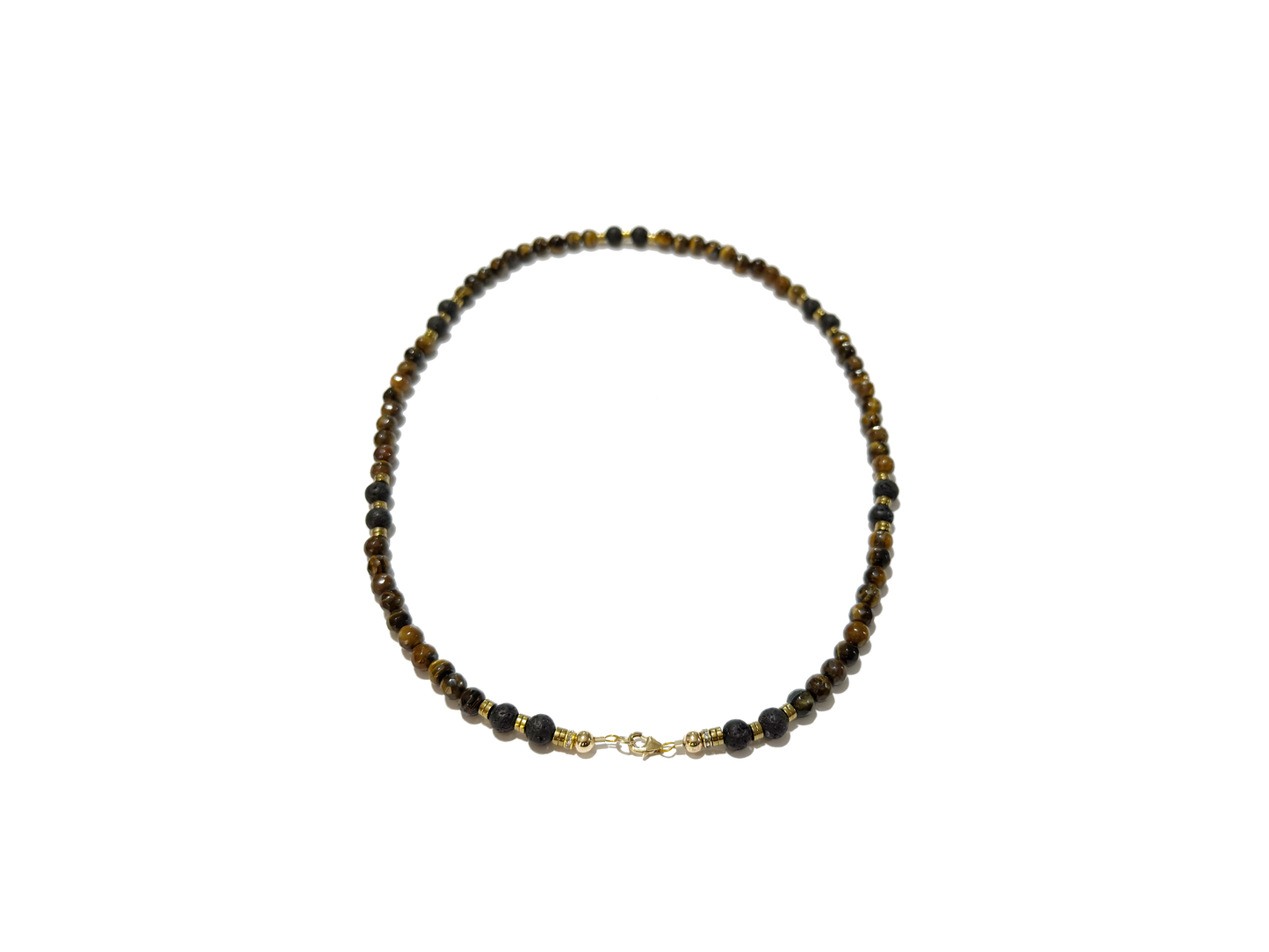 Collar Ojo De Tigre Con Piedra Volcánica, Hematita Y Oro