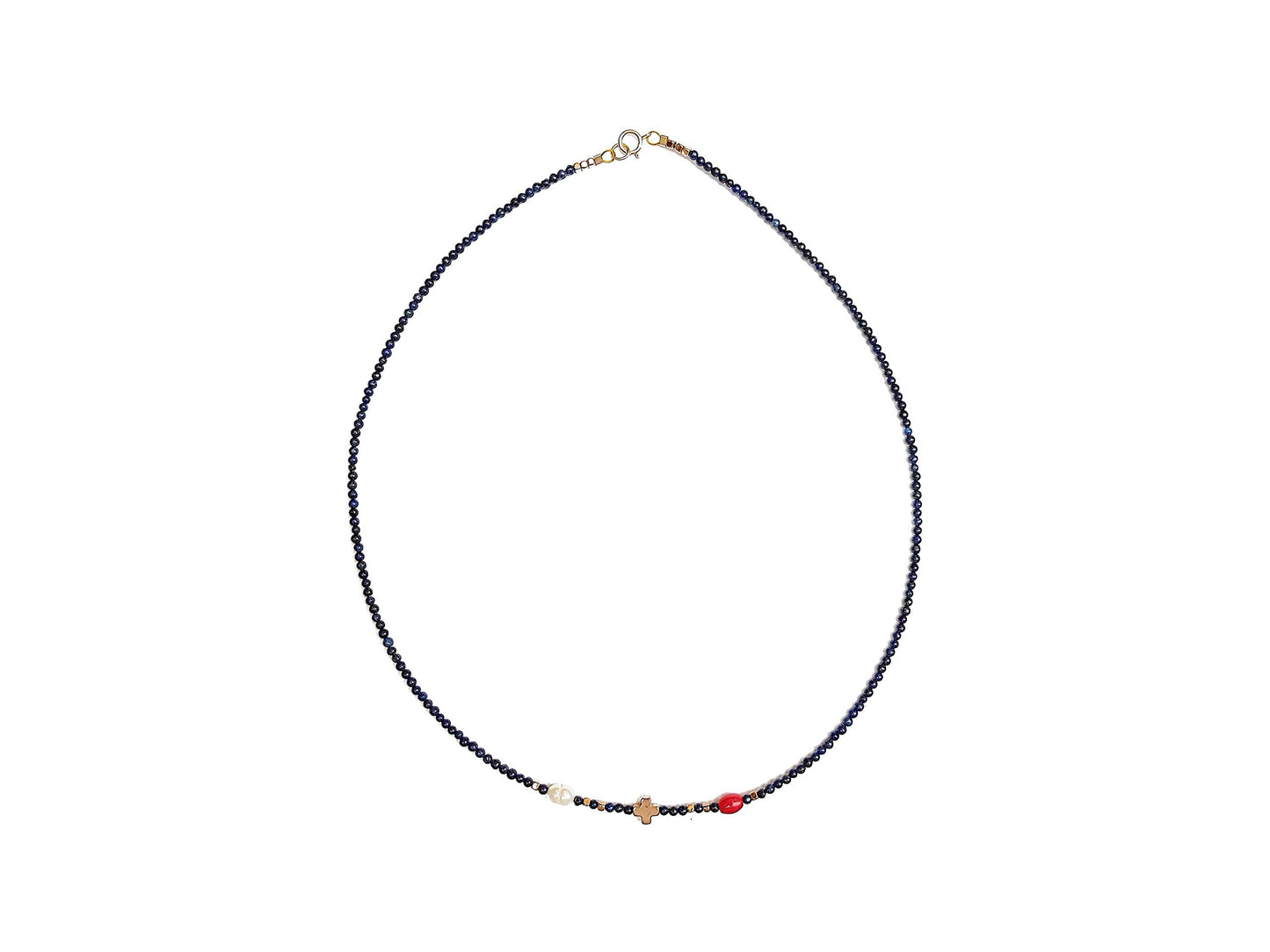 Gargantilla de Lapislázuli con Cruz, Perla y Coral