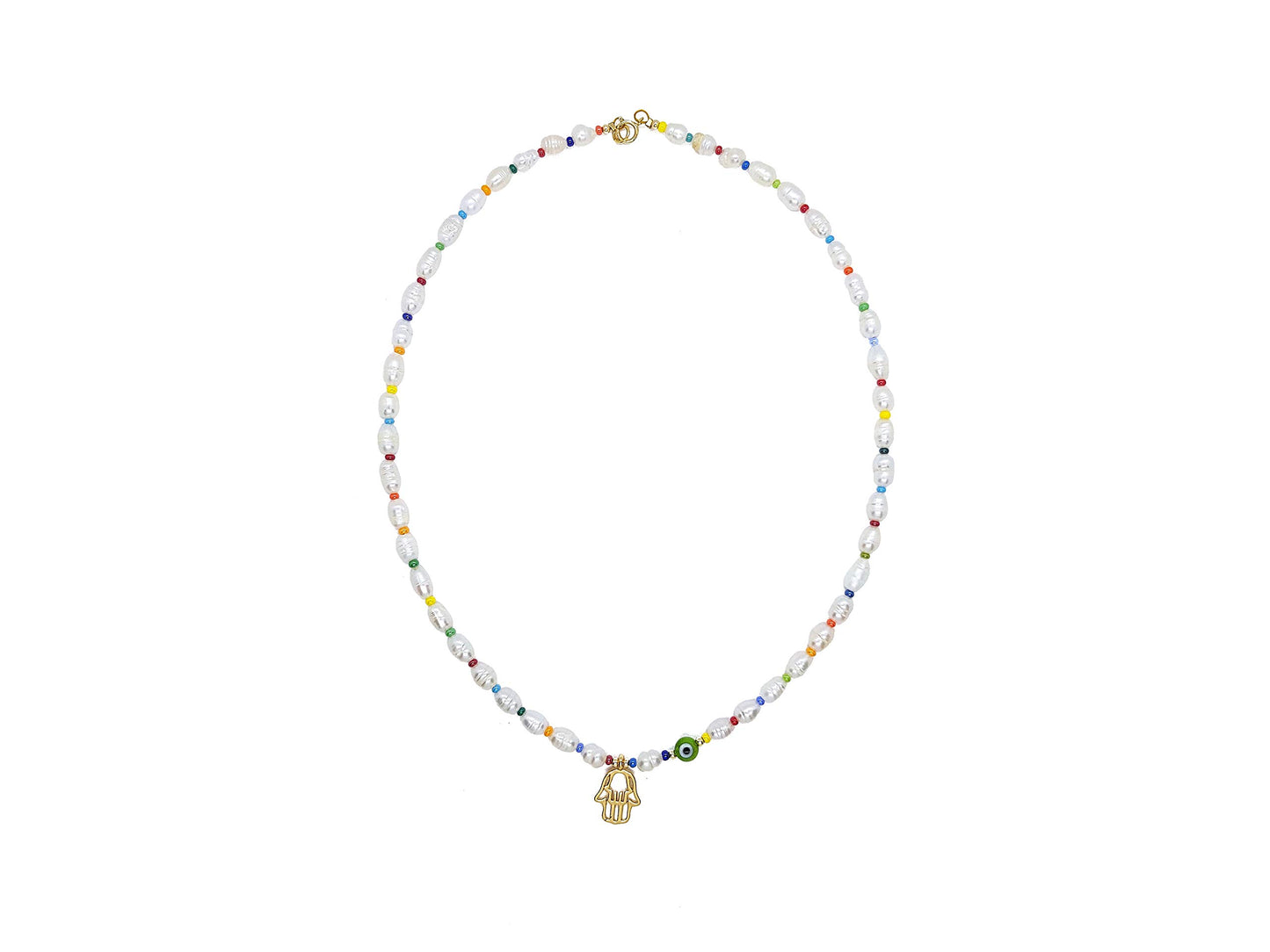 Collar/Gargantilla de Perlas, dije de Hamsa y Ojo turco
