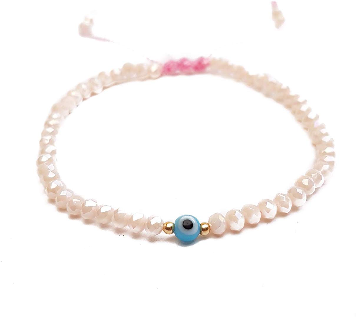 Pulsera Rosa De Protección De Cristales Con Ojo Turco Azul