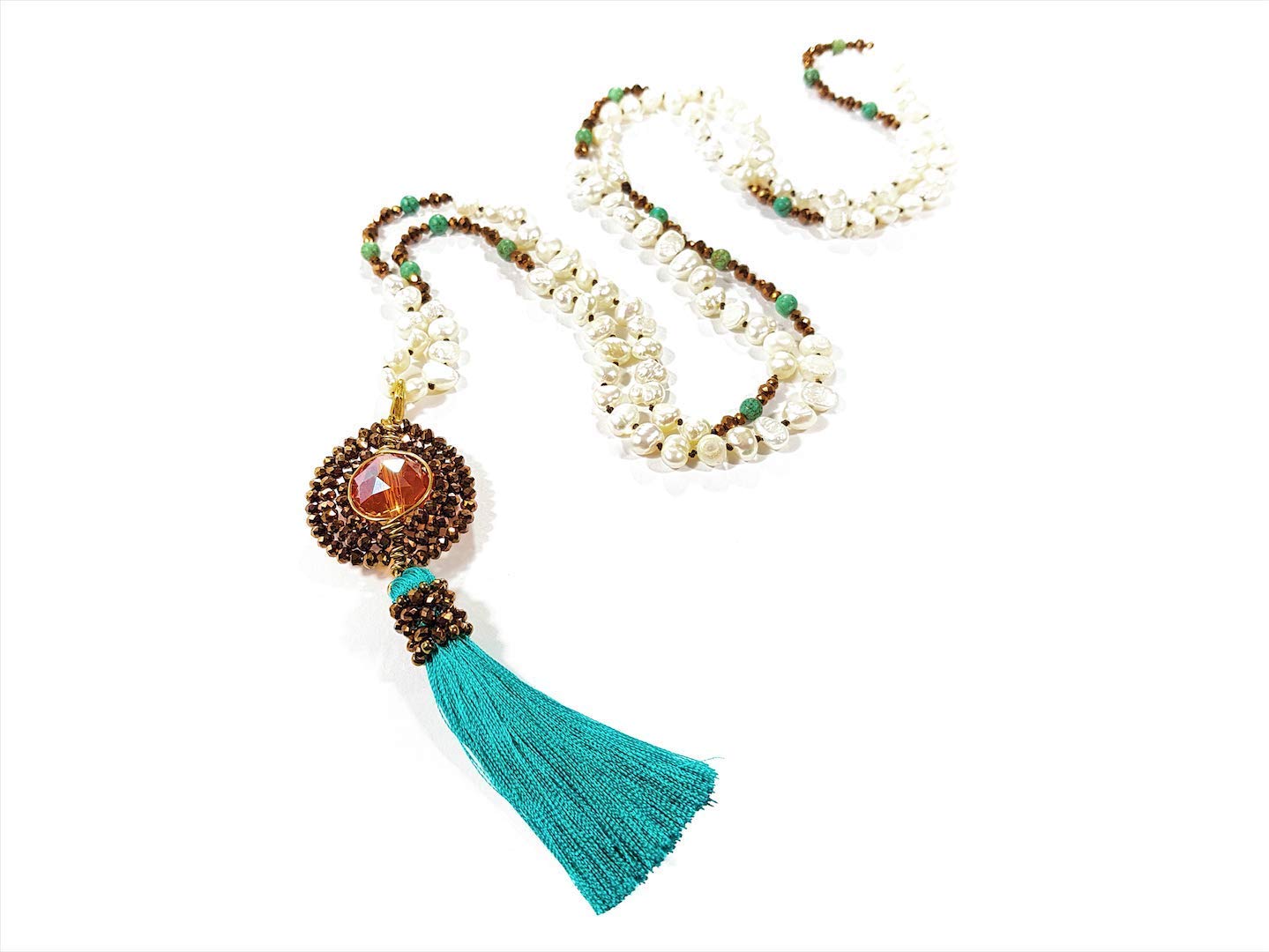 Collar de Perlas Largo con Cristales y Borla Azul Turquesa