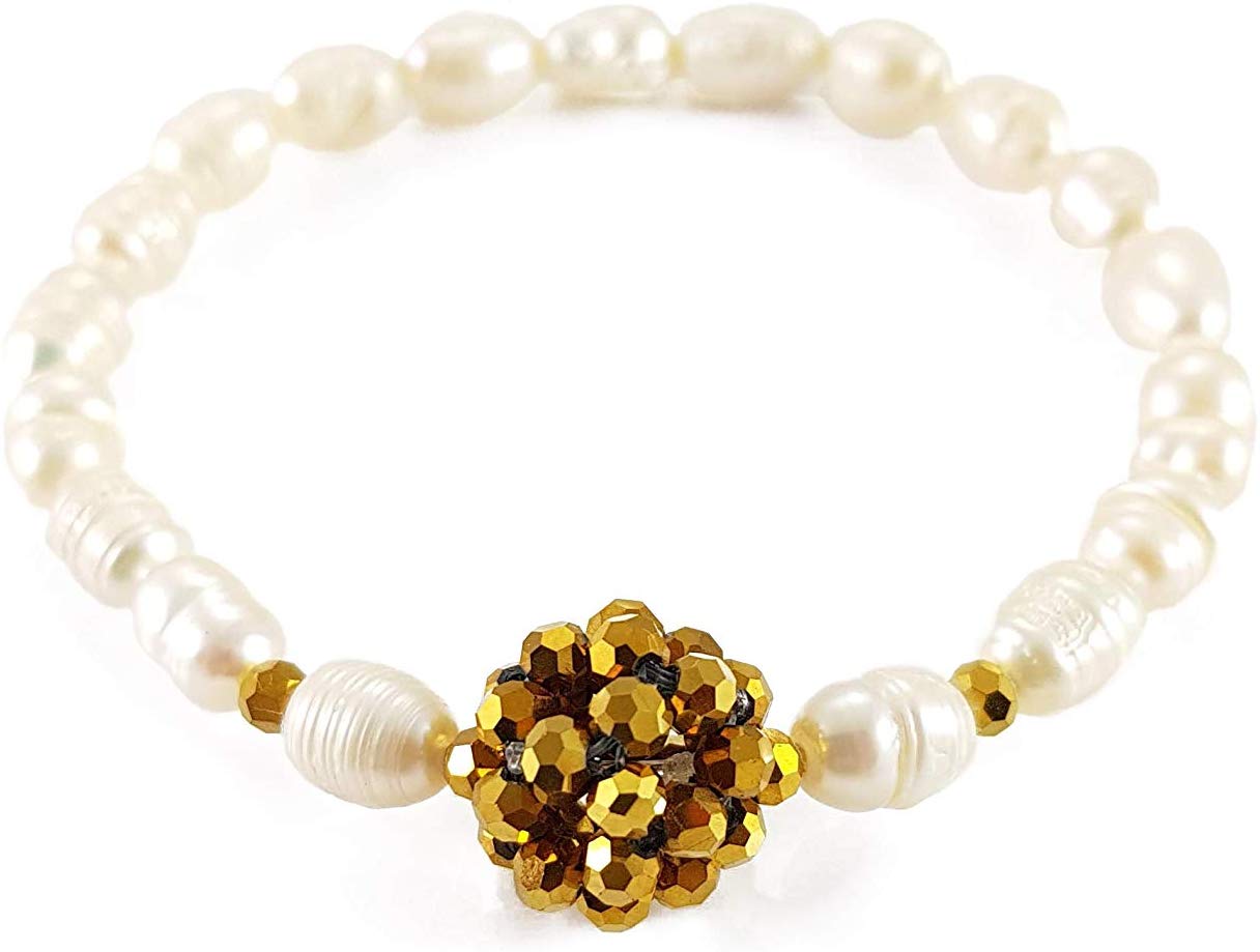 Pulsera De Perlas Naturales Con Esfera De Cristales