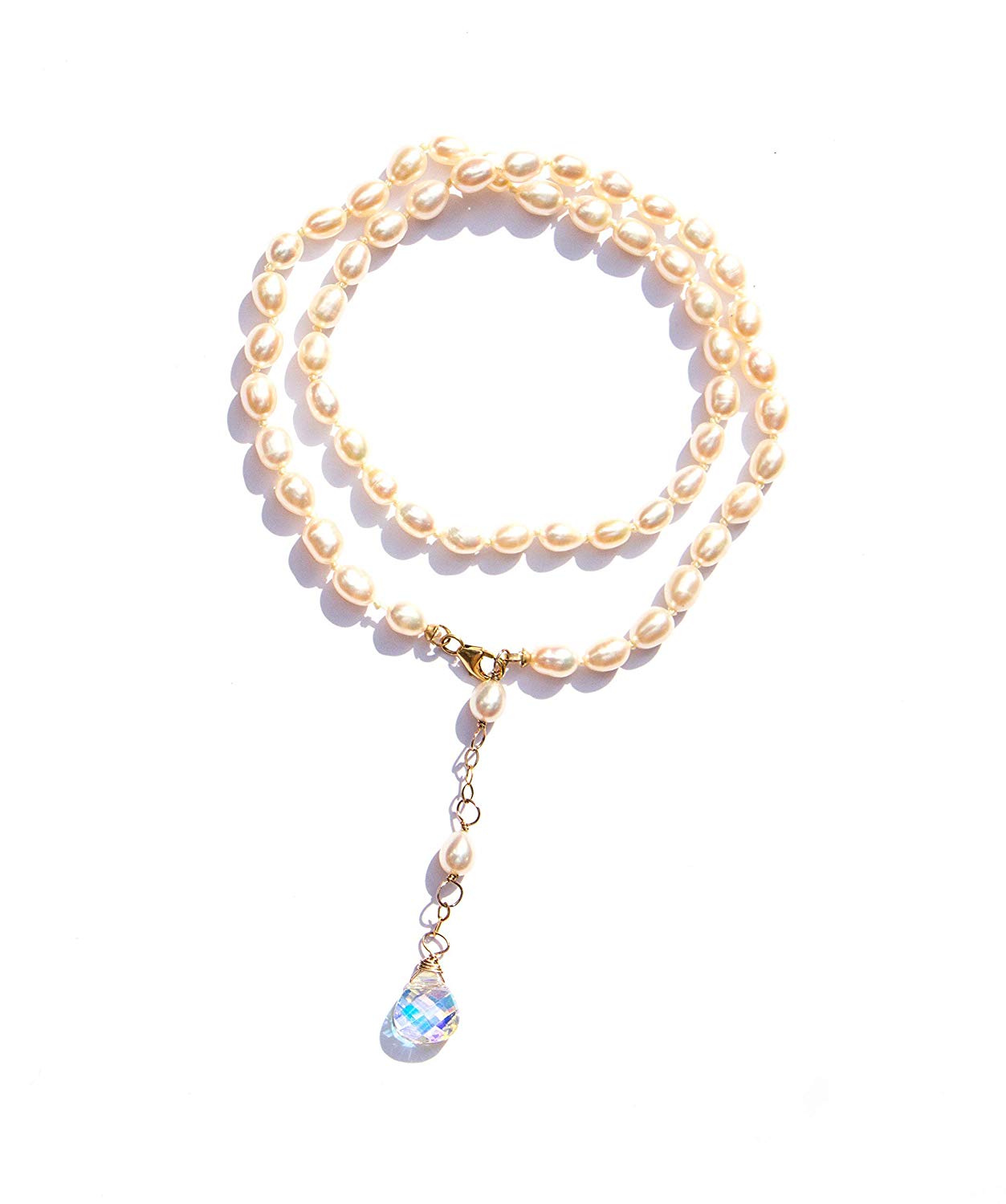 Collar de Perla Natural con Dije Swarovski y Broche Gold Filled 14k