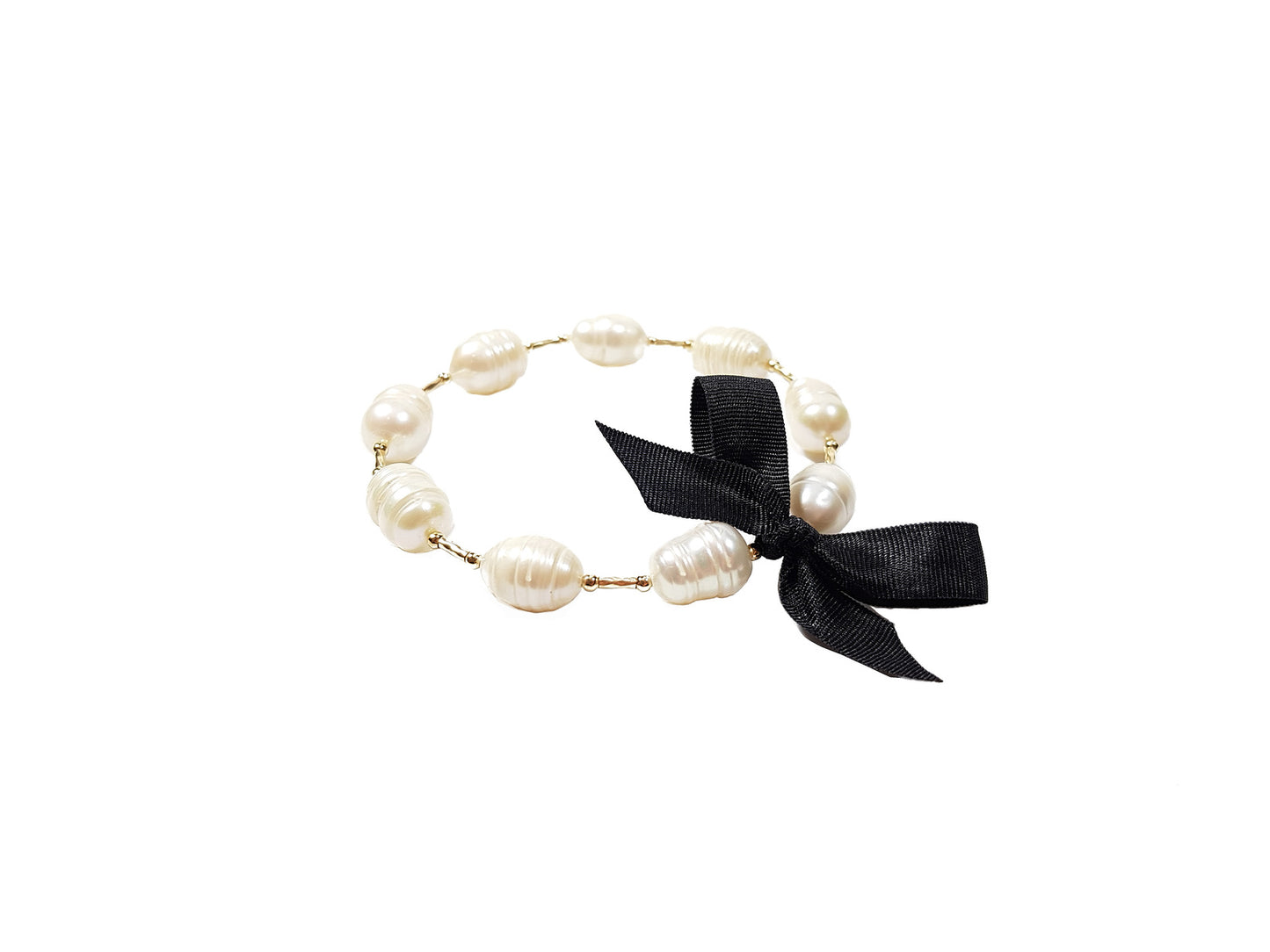 Pulsera De Perlas Y Oro Con Moño Negro
