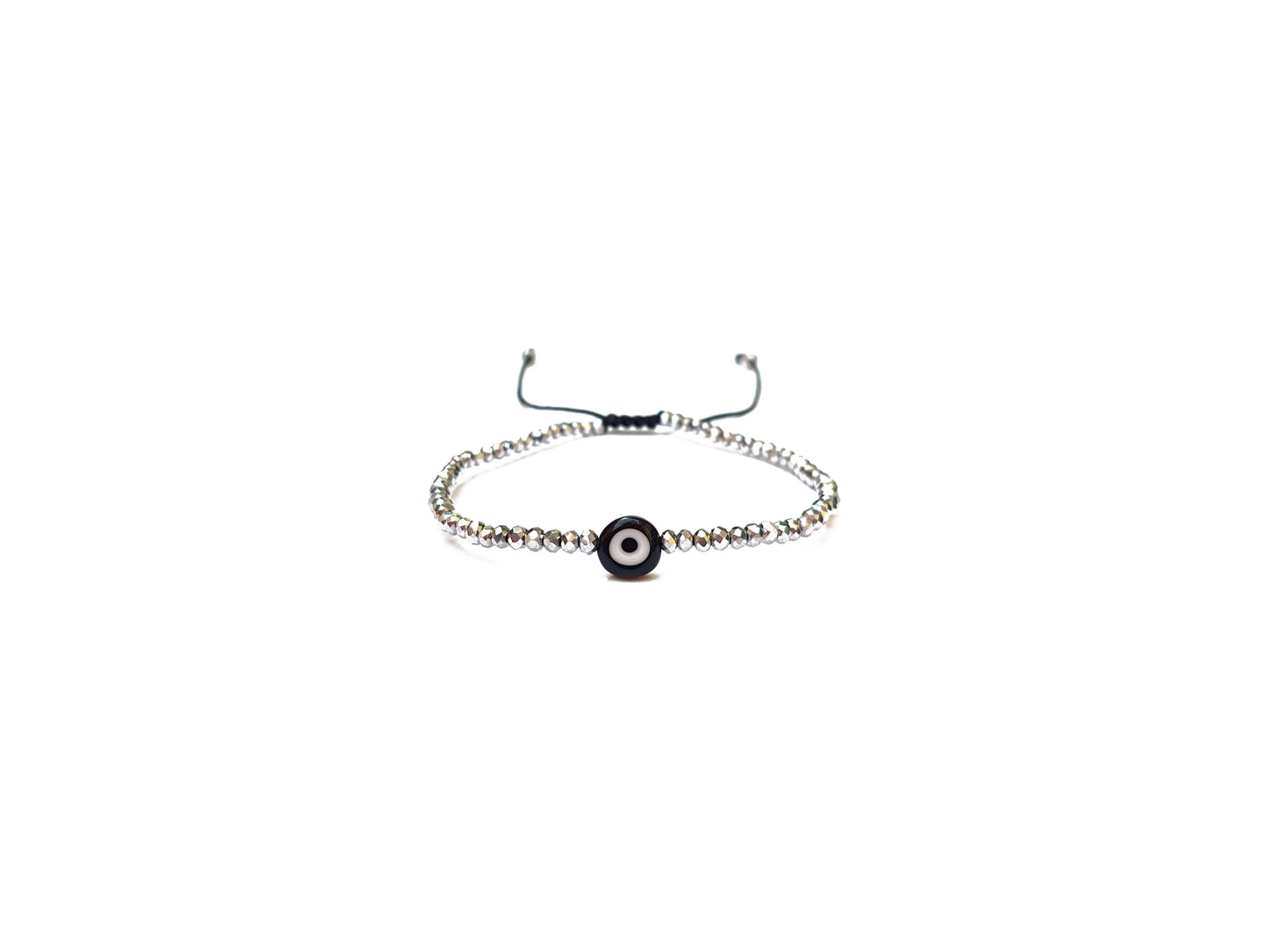 Pulsera Plateada De Cristales Con Ojo Turco Negro