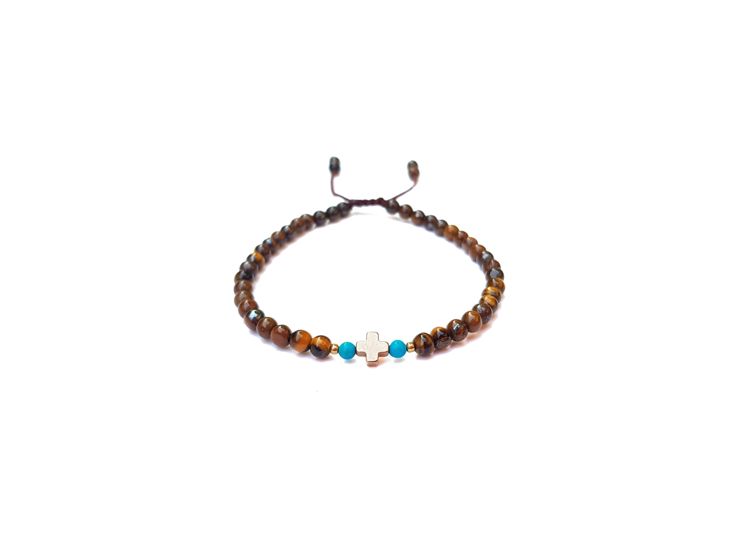 Pulsera De Ojo De Tigre Con Cruz De Hematita Dorada