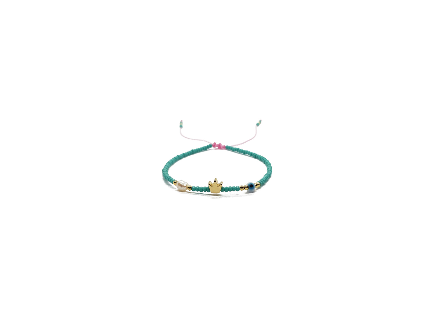 Pulsera Turquesa De Protección Con Corona, Perla Y Ojo Turco