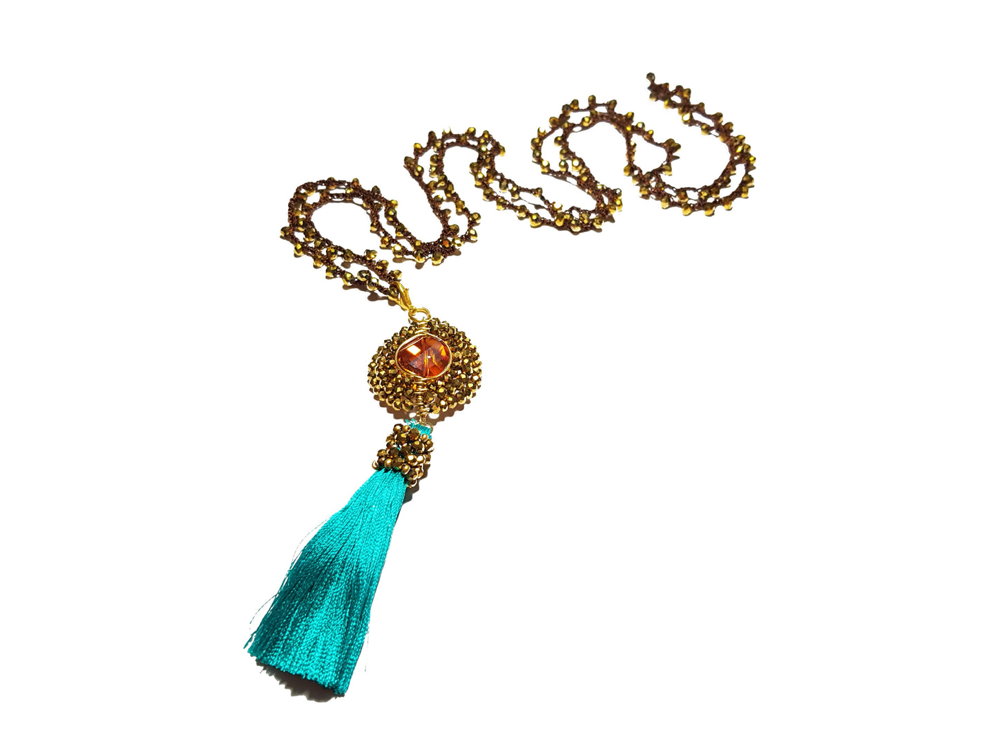 Collar crochet cristal cobre borla turquesa