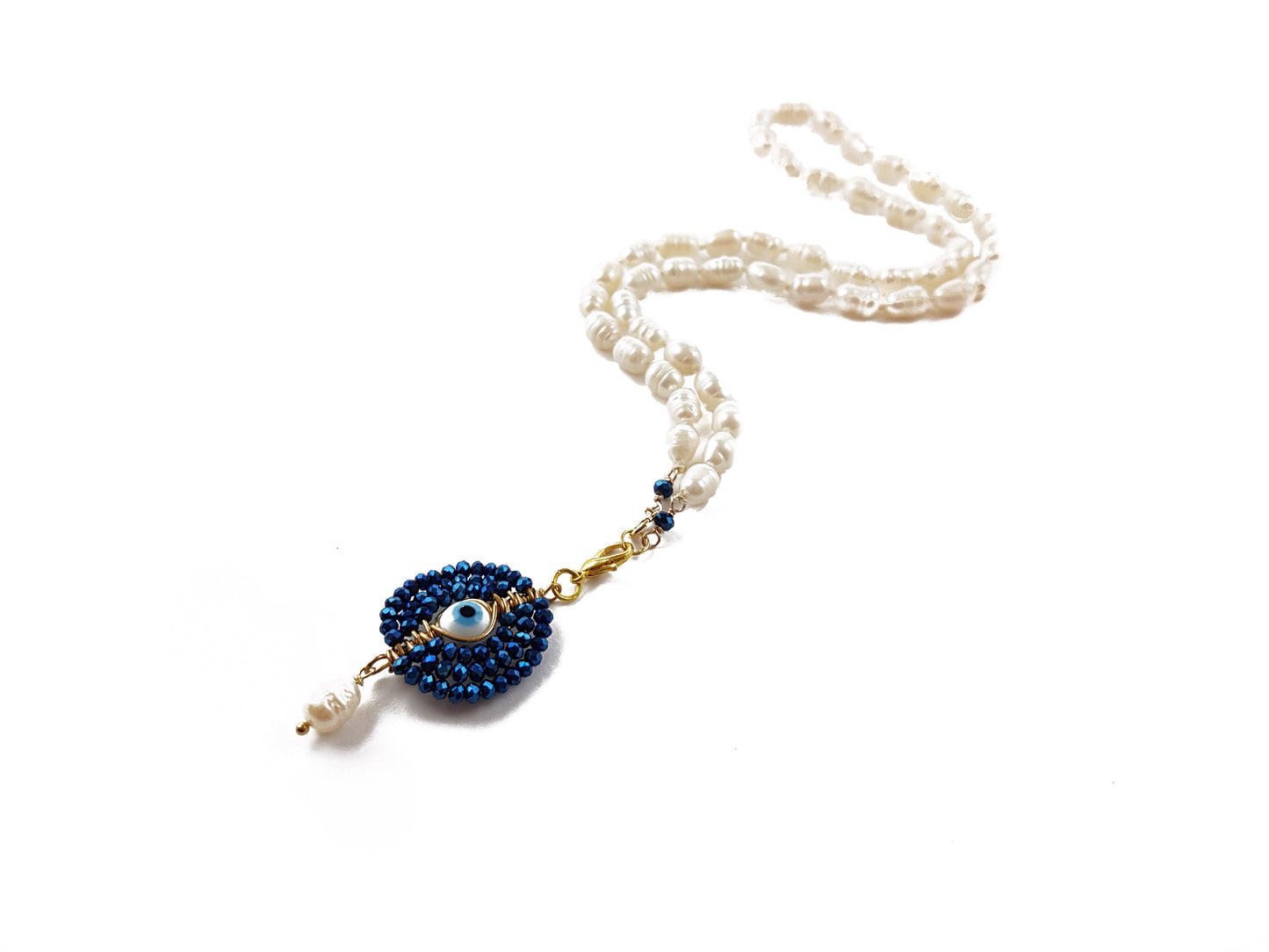 Gargantilla de perla natural con dije de ojo turco azul