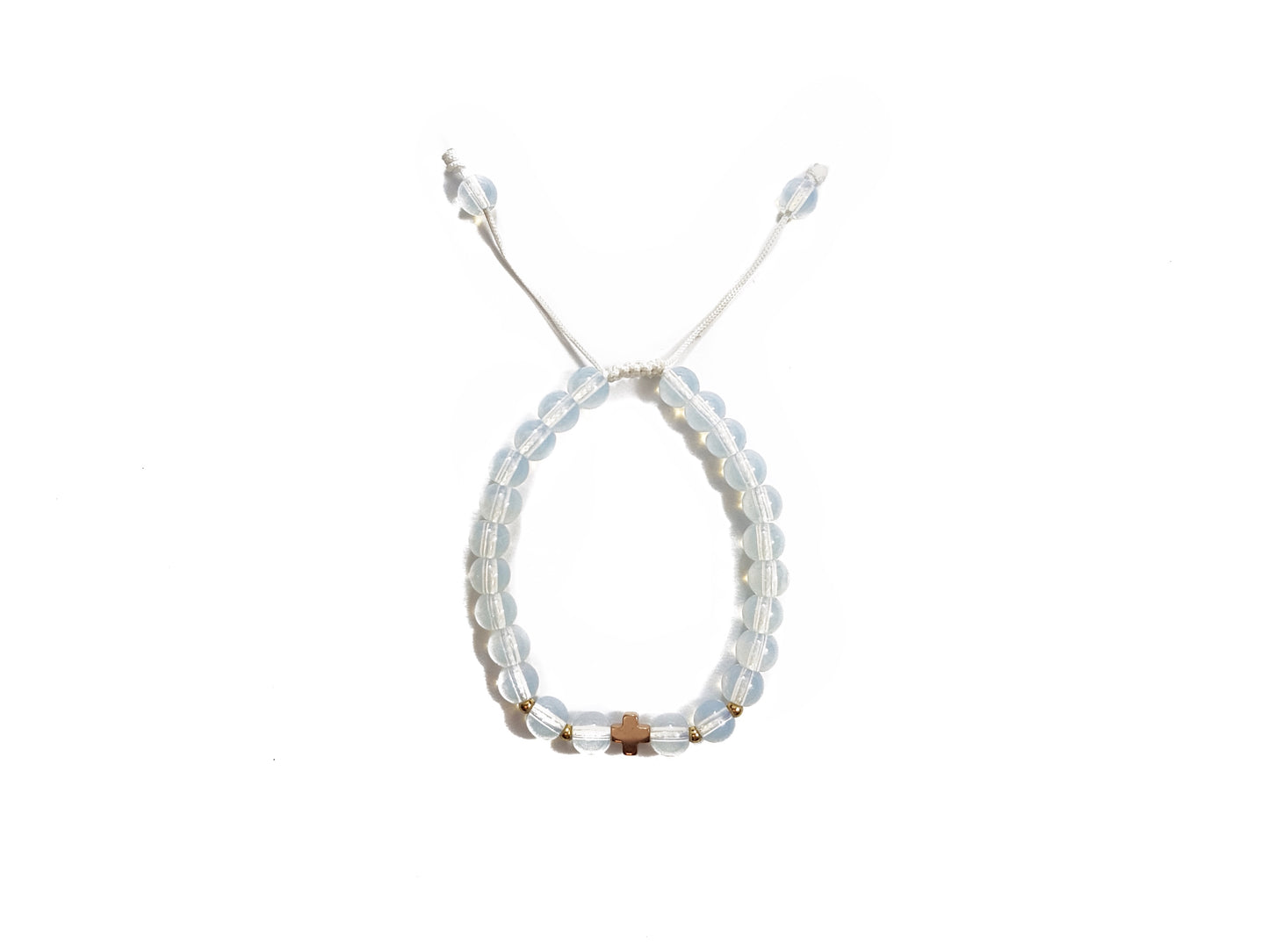 Pulsera De Piedra Luna Con Cruz De Hematita Dorada