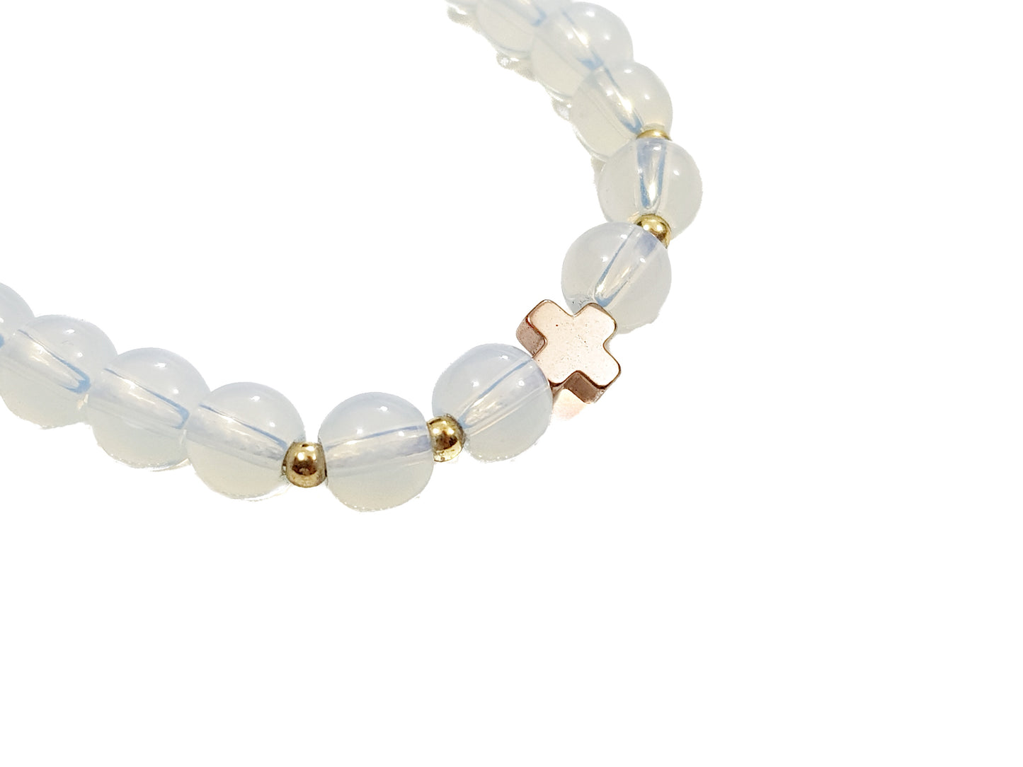 Pulsera De Piedra Luna Con Cruz De Hematita Dorada