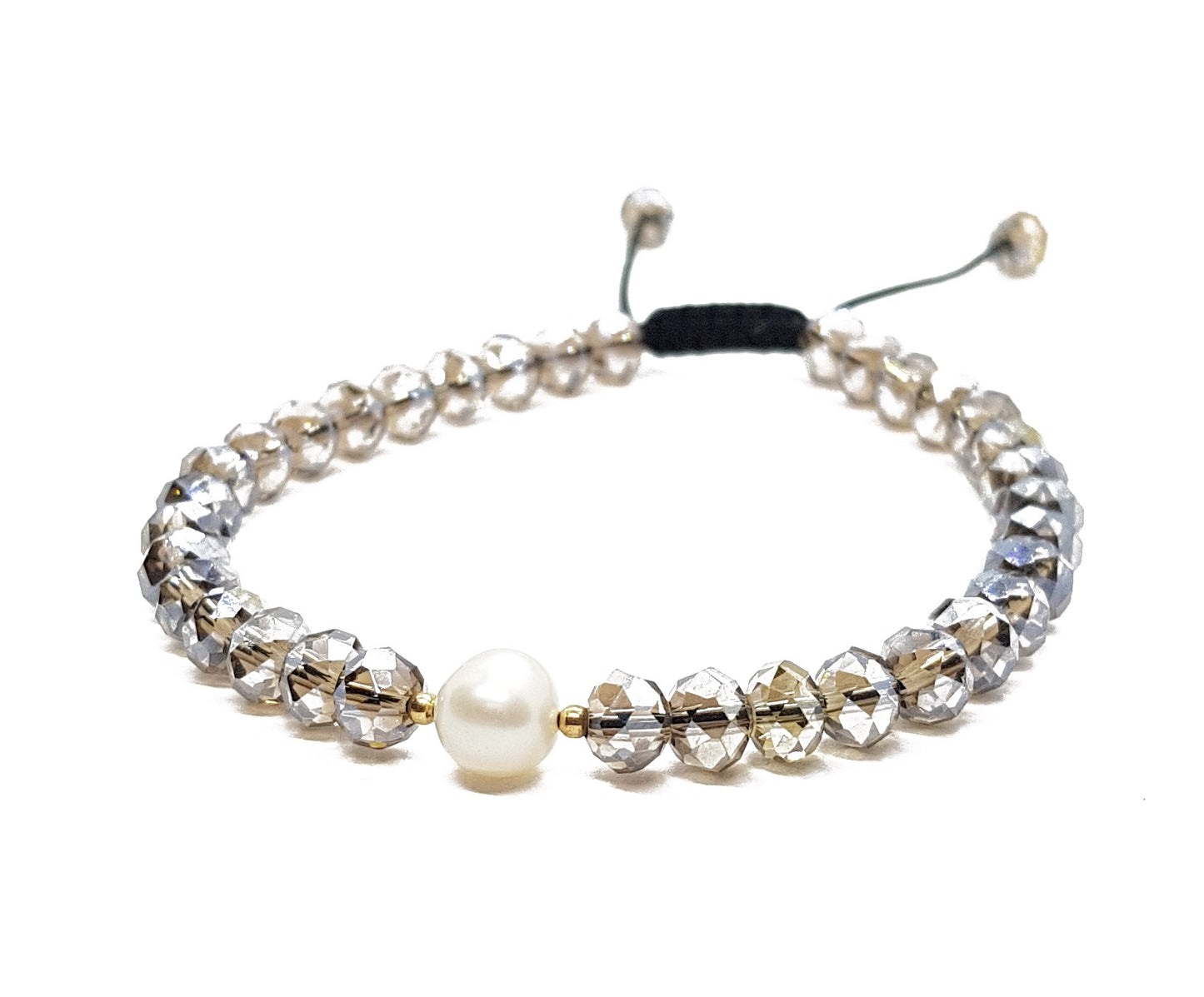 Pulsera de cristal gris humo con perla al centro
