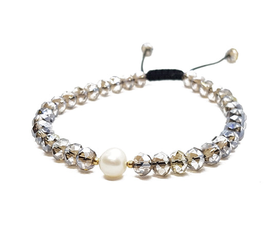 Pulsera de cristal gris humo con perla al centro