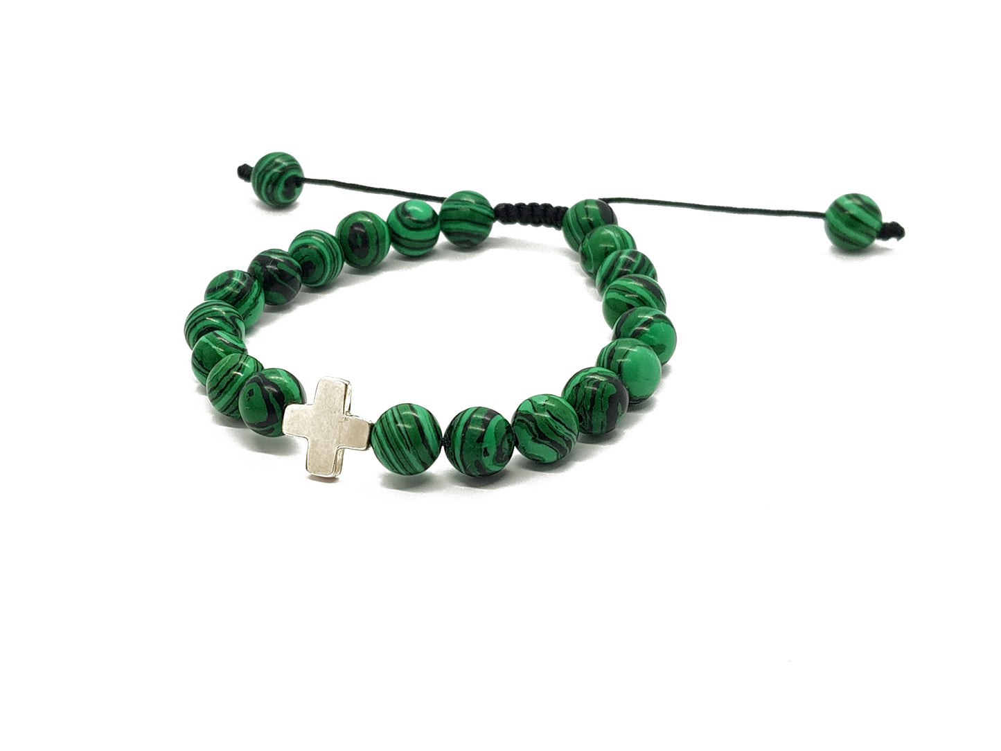 Pulsera De Malaquita Con Cruz De Plata