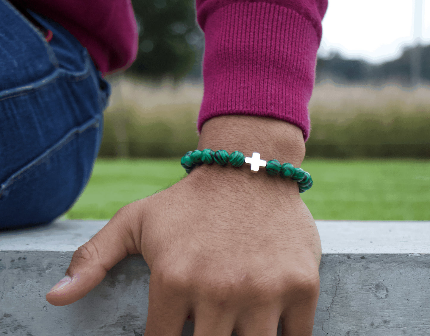 Pulsera De Malaquita Con Cruz De Plata