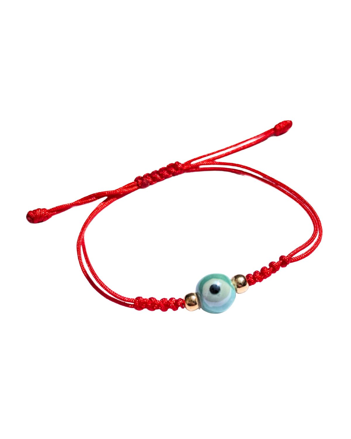 Pulsera Ojo Turco Turquesa · Hilo rojo y chapa de oro de 14k