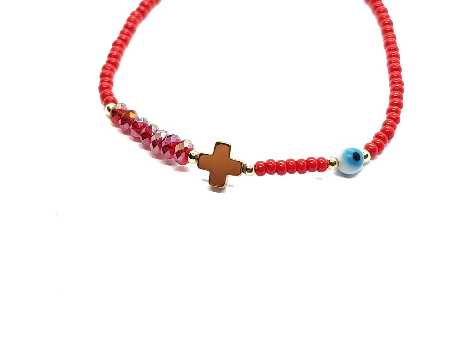 Pulsera Roja De Protección Con Cruz De Hematita Y Ojo Turco