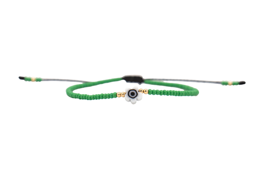 Pulsera Verde de Protección con Ojo Turco Flor Blanco