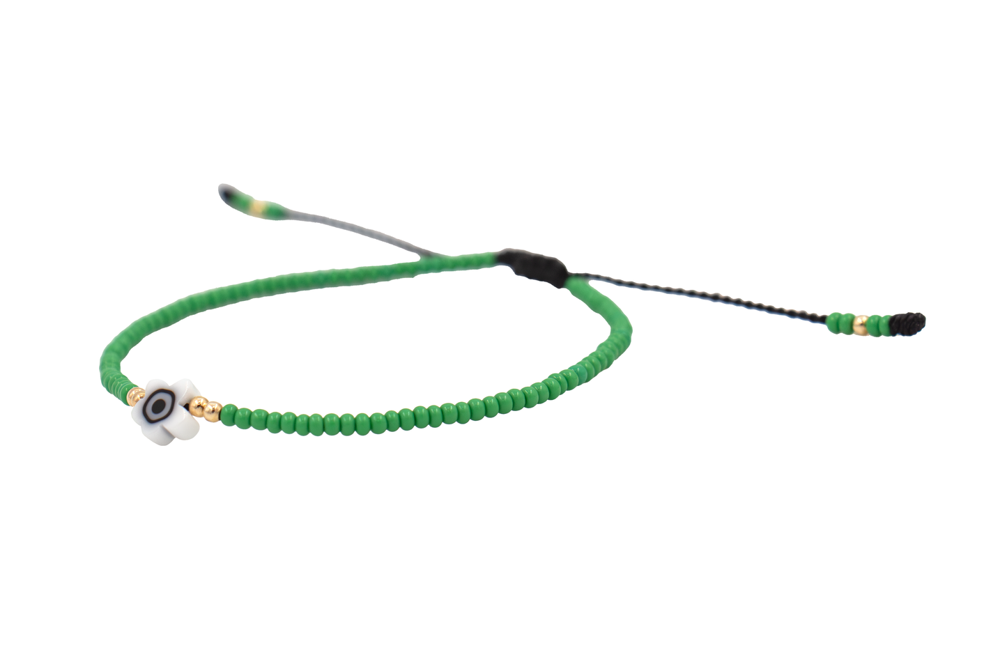 Pulsera Verde de Protección con Ojo Turco Flor Blanco
