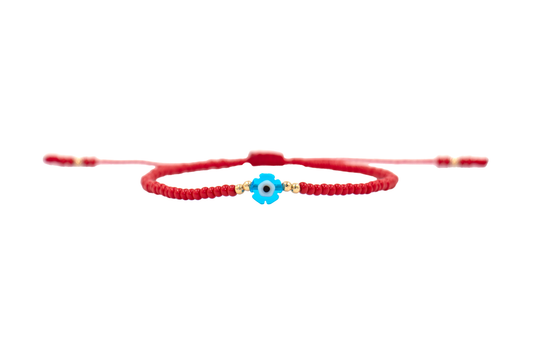 Pulsera Roja de Protección con Ojo Turco Flor Azul Cielo