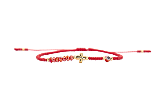 Pulsera Cabalística Roja con Cruz, Cristales y Ojo Turco