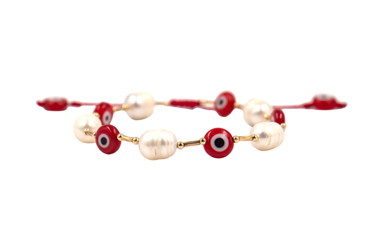 Pulsera de Protección con Perlas y Ojos Turcos Rojos