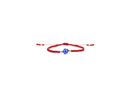 Pulsera roja con ojo turco flor azul rey