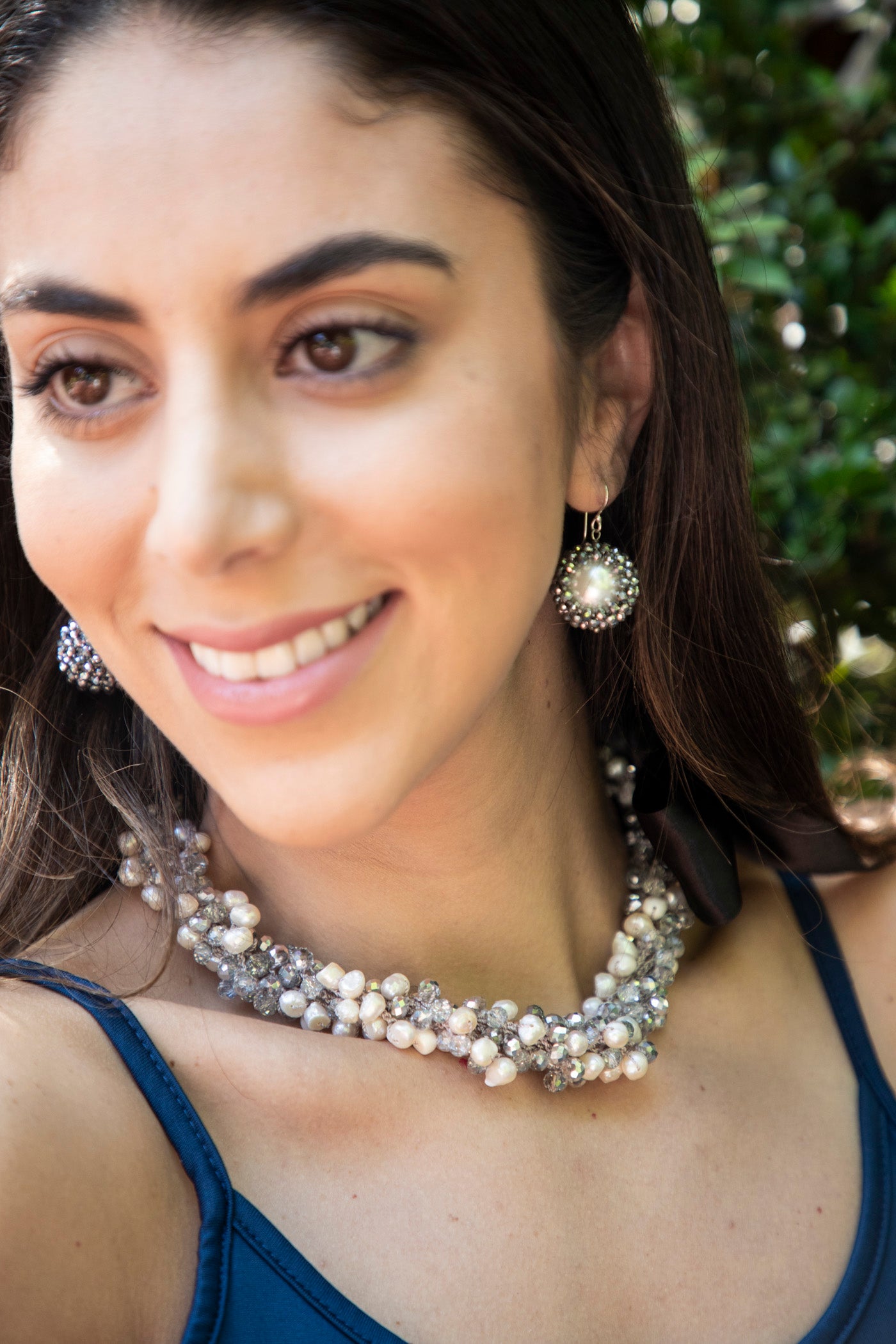Collar Largo De Cristal Con Perlas
