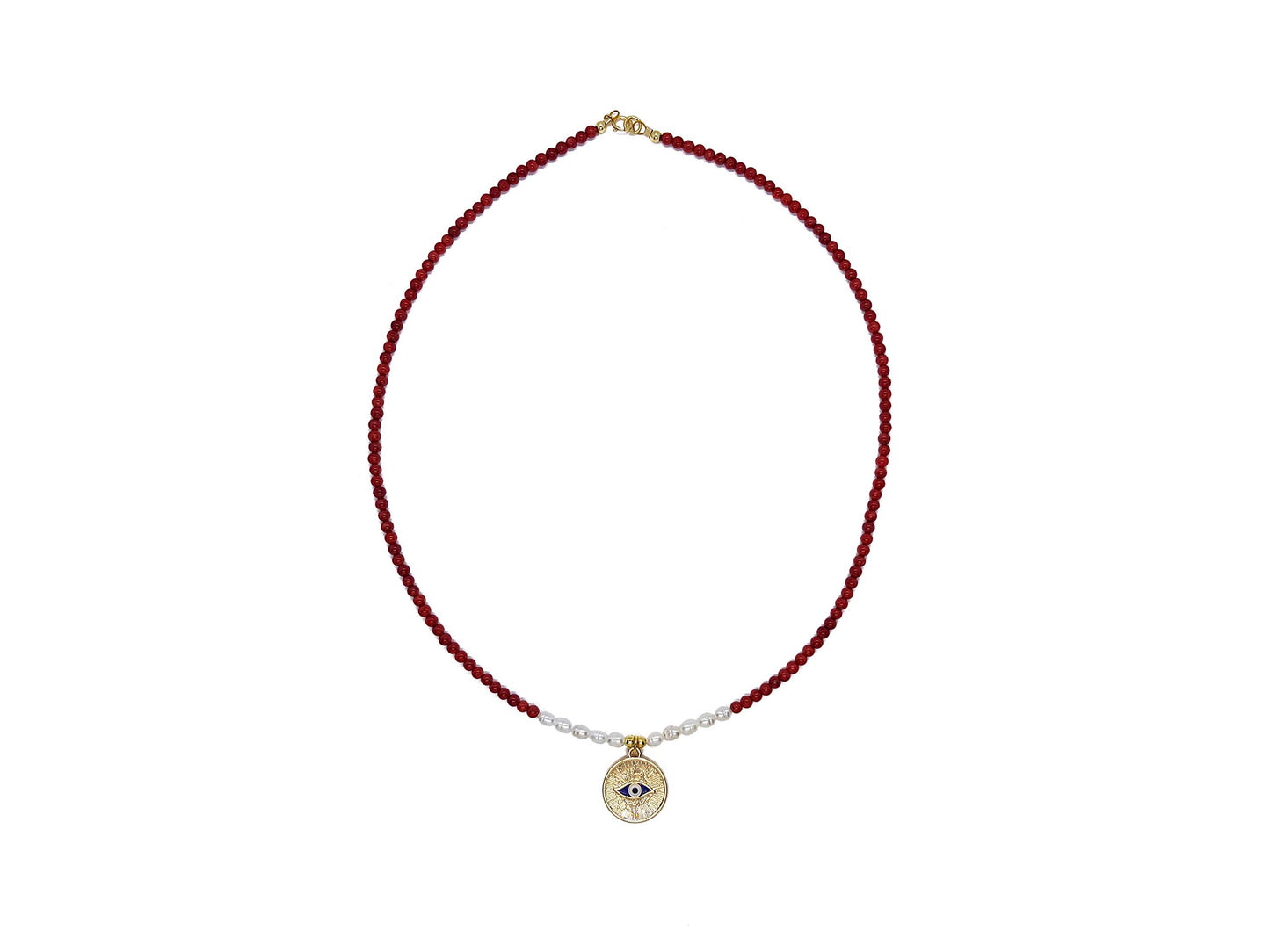 Gargantilla de Coral con Perlas y Dije de Ojo Turco