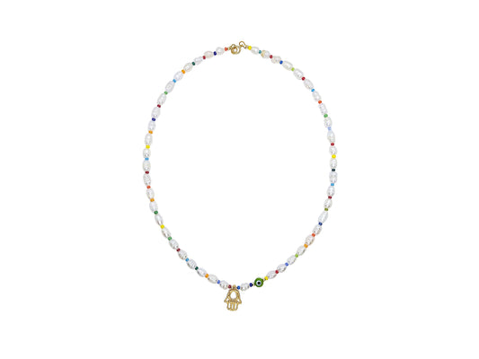 Collar/Gargantilla de Perlas, dije de Hamsa y Ojo turco