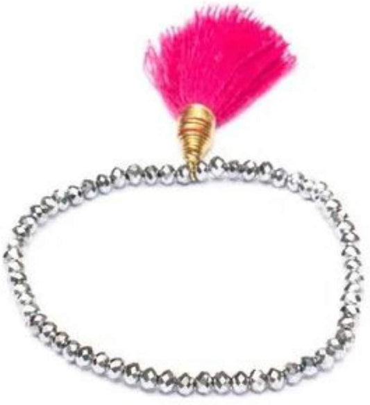 Pulsera De Cristales Plateados Con Borla Rosa