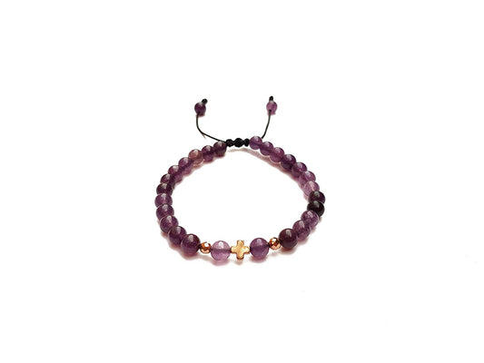 Pulsera De Amatista Con Cruz De Hematita Dorada