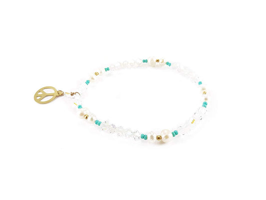Pulsera cristal rombo con perla natural y dije amor y paz