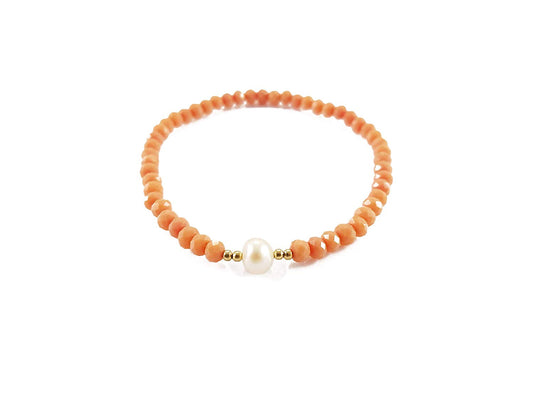 Pulsera Salmón De Cristal Con Perla Al Centro
