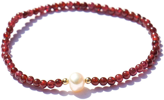 Pulsera De Granate Con Perla Natural Beige Al Centro