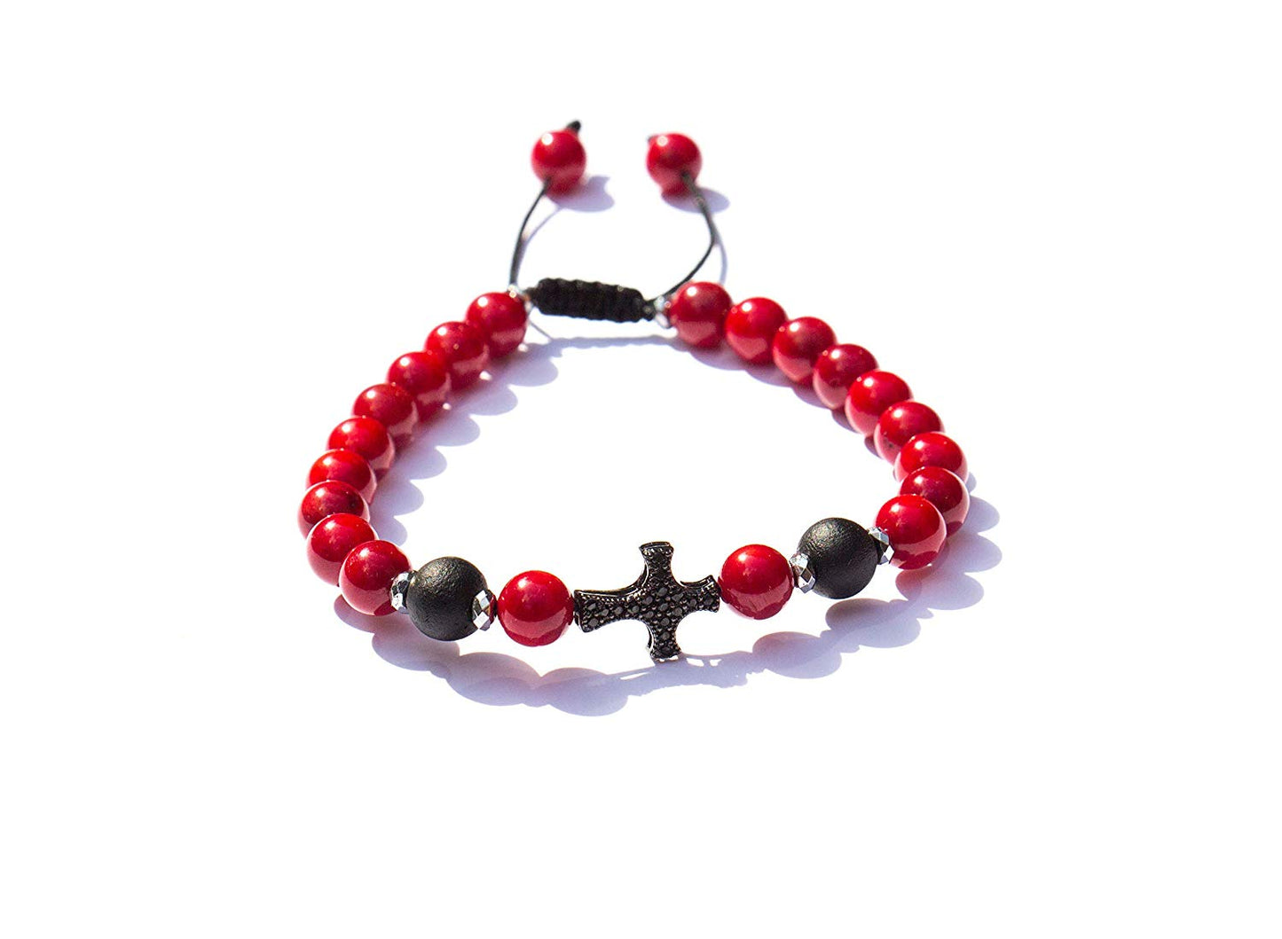 Pulsera Hombre para Protección de Piedra Natural Coral y Cruz de Micro Pavé al Centro