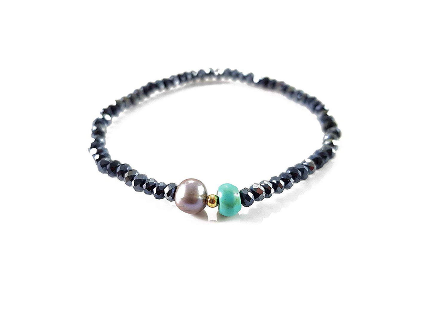 Pulsera De Cristales Negro Acerina Con Perla Y Turquesa