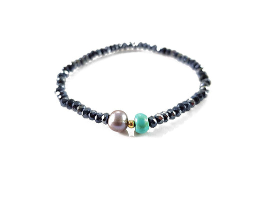 Pulsera De Cristales Negro Acerina Con Perla Y Turquesa