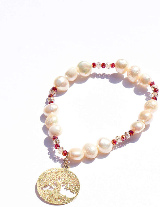 Pulsera De Perlas Con Cristales Y Dije De Árbol De La Vida