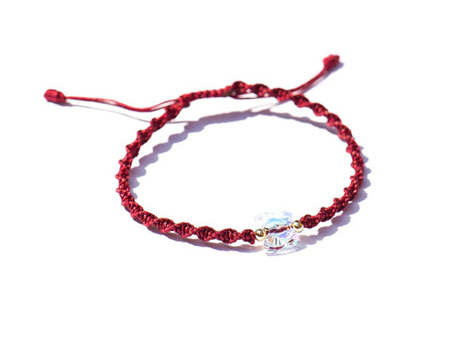 Pulsera Roja Vino Tejida Con Mariposa De Cristal Austriaco