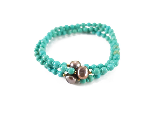 Brazalete de Turquesa con Perla Natural 3 Piezas