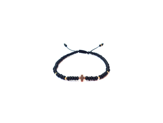 Pulsera Negra De Protección Con Cruz De Hematita Dorada